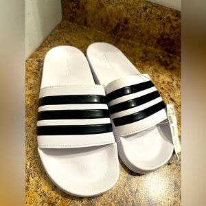 Adidas Black and White Striped Slides